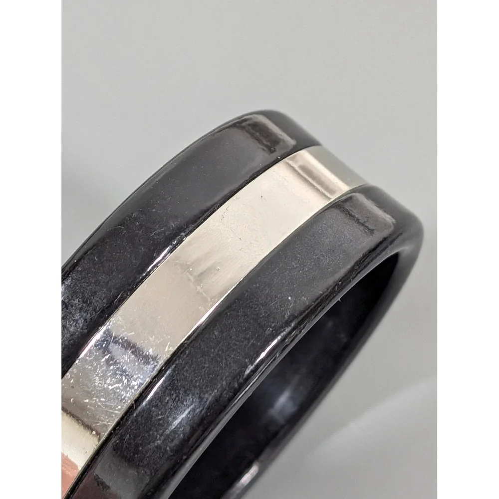Black Acrylic Bangle Bracelet‎ Wide Chunky Silver Tone Inlay 8 in